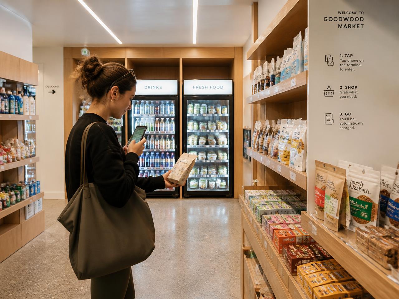 Interior de um mini mercado autônomo com prateleiras e geladeiras
